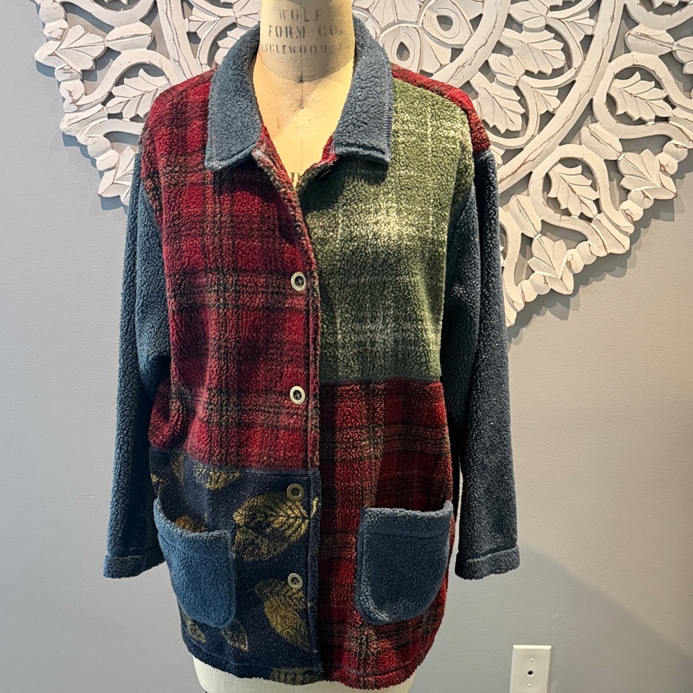 Vintage Koret City Blue Patchwork Plaid Fleece Bu… - image 6